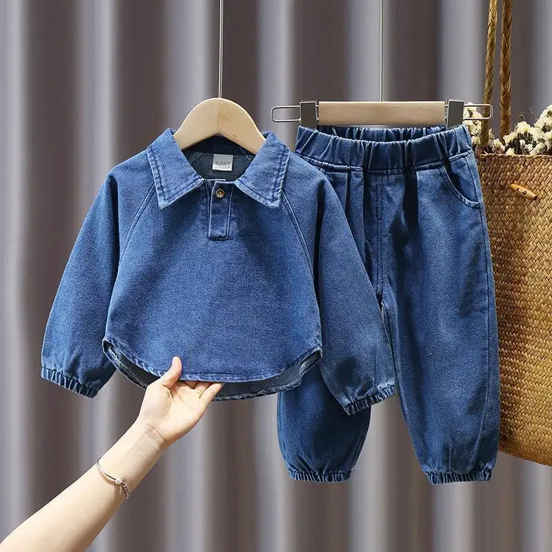 Spring and Autumn Long-sleeved Suit Children Cartoon Cowboy Clothes two-piece Jean Baby Set