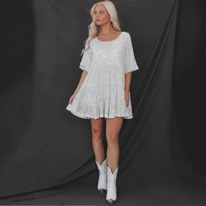 <b>Sequin</b> Dress Short Sleeve Round Neck Ruffled Loose Midi <b>Skirt</b> Cocktail Dress - Product Image 1