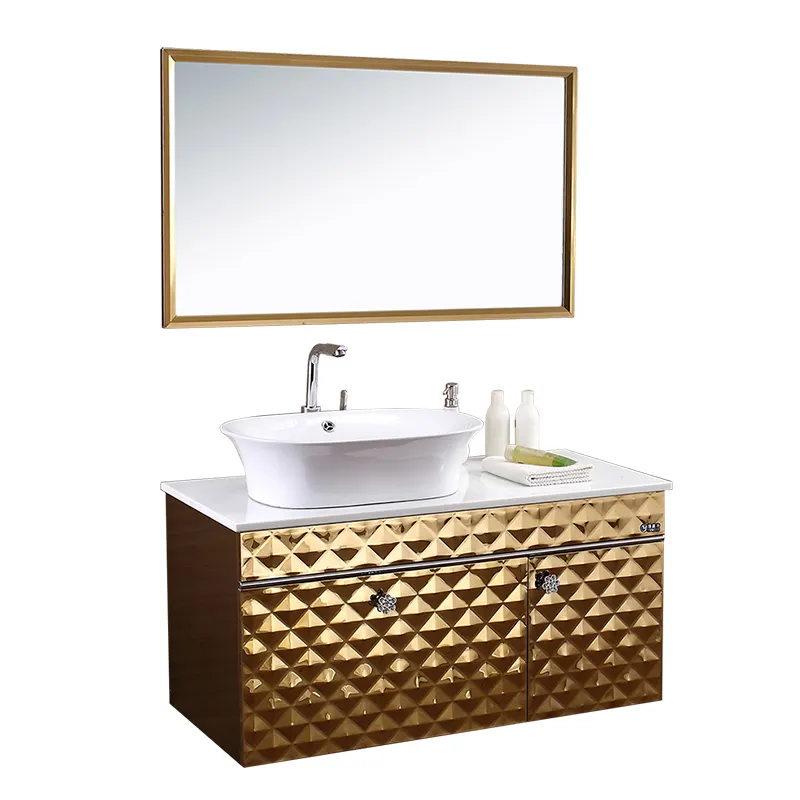 ห้องน้ำโต๊ะเครื่องแป้งห้องน้ำเฟอร์นิเจอร์แขวนผนังโต๊ะเครื่องแป้งขนาดใหญ่ที่มีกระจกสีทอง