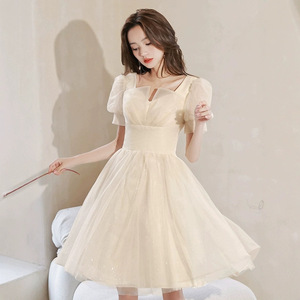 Champagne Short Evening Gown Square Neck Empire Waist Tulle Dress For Banquet Party - Product Image 1