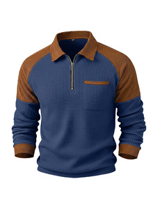 Polo à demi-zip en maille gaufrée pour homme, manches longues, décontracté, avec col et poche, anti-boulochage, coupe classique - Product Image 4