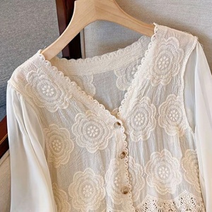 Women French V Neck Floral Lace <strong>Patchwork</strong> Blouse Puff Long Sleeve Button Down Cardigan Elegant Casual <strong>Shirts</strong> Tops - Product Image 3