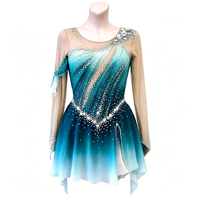 Robe de patinage artistique à manches longues dégradé turquoise, en tissu maillé incrusté de strass pour enfants et adultes, pour la compétition et les spectacles sur glace