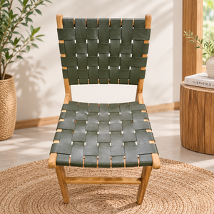 Modern Woven Leather <b>Garden</b> <b>Chair</b> With Tapered Wood Legs Outdoor Furniture Minimalist Design Durable Green Seat And Back - Product Image 1