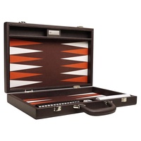 Grand jeu de société classique Plateau de backgammon brun foncé Points blancs et oranges Ensemble de backgammon en cuir de qualité supérieure de 18 pouces