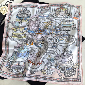Foulard 100% Soie Personnalisé avec Logo, Imprimé Dessin Animé Gâteau, en Soie de Mûrier, Petit Carré, Bandana, Foulard de Cou, Vente en Gros Directe Usine - Product Image 5