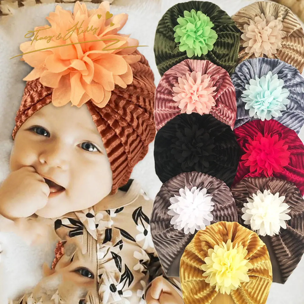 Cappello da turbante a righe in velluto per bambini per neonato cappellino con fiori in Chiffon grande Tracy & Herry inverno per bambini formato personalizzato cotone