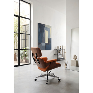 Chaise de bureau de direction en cuir de style moderne <span class=keywords><strong>du</strong></span> milieu <span class=keywords><strong>du</strong></span> siècle, chaise de bureau pivotante inclinable avec coque en bois courbé, coussins épais et roulettes - Product Image 4