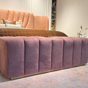 Banc d'appoint moderne en velours côtelé cannelé avec insert en marbre et finition dorée, idéal pour salon, chambre ou suite de villa - Product Image 3