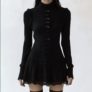 Nouveautés 2026 Robes en dentelle pour femmes <span class=keywords><strong>Pull</strong></span> personnalisé à manches longues Col rond Noir Vintage <span class=keywords><strong>Gothique</strong></span> Mini <span class=keywords><strong>robe</strong></span> en tricot - Product Image 3