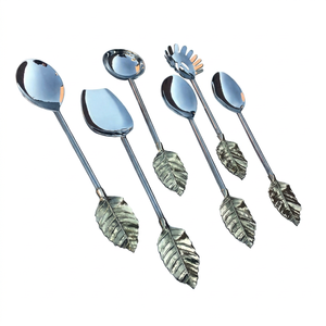 Serving Spoon Set Metal Leaf Handle <b>Mirror</b> Polish Long Handle Durable Modern Design Party Use - Product Image 1