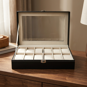 Estuche para Relojes de Cuero Sintético Negro con 10 Ranuras, Interior de Gamuza Sintética, Cierre a Presión, a Prueba de Polvo, Forma Rectangular - Product Image 2
