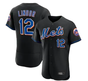 Vente en gros de maillots de baseball noirs cousus à New York personnalisés pas chers en Chine de la meilleure qualité avec 12 Lindor 20 Alonso 48 DeGrom