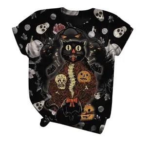 Halloween Retro Print Ladies T-Shirt Women Summer Outdoor Short Sleeve Quick Dry Tops Pumpkin Owl Print Round Collar Clothes