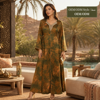 Nouvelle Robe Longue Ample 2026 Personnalisée en Satin Brillant à Imprimé Floral Rétro, Col en Dentelle, Manches Évasées et Taille à Nouer |   Abaya pour soirée islamique