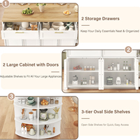 Îlot de cuisine ovale sur mesure en chêne blanc avec comptoir en MDF, armoire de rangement, tiroirs, étagères ouvertes, bar à petit-déjeuner autoportant