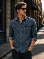 Kemeja Denim Dark Wash Pria Vintage Kancing Jepret Lengan Panjang Kemeja Kerja Western OEM ODM Custom Grosir