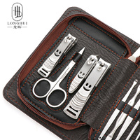 Longhui – Kit de manucure et pédicure haut de gamme 12 pièces en acier inoxydable marron foncé avec étui zippé – Outils de soin des ongles et beauté