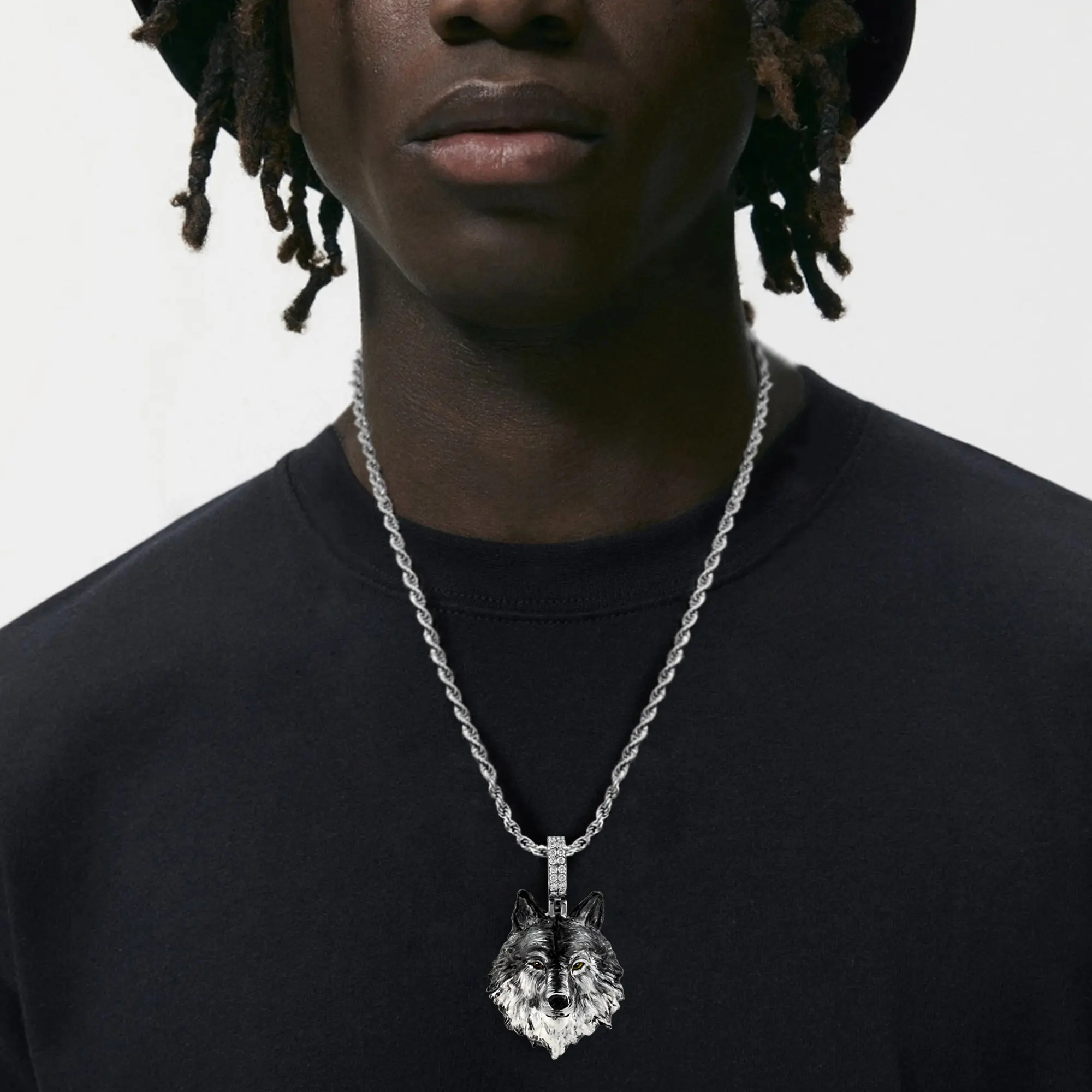 Accessoires de pendentif tête de loup hiphop de conception chaude colliers de bijoux fins personnalisés