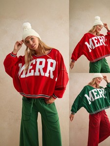 <b>Women's</b> Oversized Red Crewneck Sweatshirt With <b>White</b> Letter Patchwork Emb Casual Varsity Streetwear <b>Hoodie</b> - Product Image 6