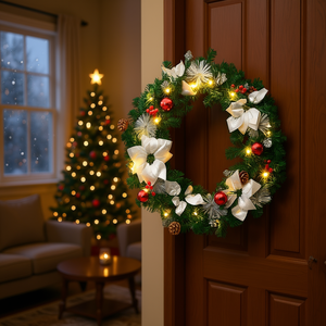 Guirnalda Navideña de PVC Verde y Blanco de 23.6 Pulgadas de Diámetro con Luces, Estilo Tradicional, Decoración para Montar en la Pared para las Fiestas - Product Image 2