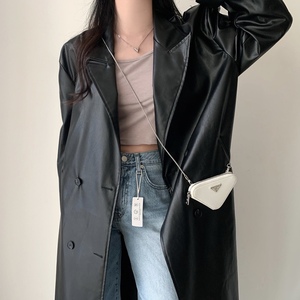 Droma pronto per la spedizione di giacca a vento Vintage stile coreano <span class=keywords><strong>Trench</strong></span> nero <span class=keywords><strong>lungo</strong></span> da <span class=keywords><strong>donna</strong></span> in finta <span class=keywords><strong>pelle</strong></span> giacca a vento Vintage - Product Image 5