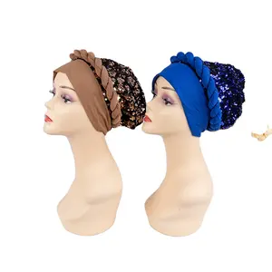 Turbantes para mujer africana, turbante de lentejuelas trenzadas, gorro para la cabeza, bufanda, gorro de quimio