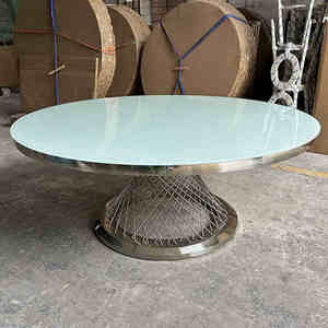 Tables de salle à manger modernes de luxe rondes en acier inoxydable pour hôtels, mariages et événements, avec plateau en verre trempé doré - Product Image 2