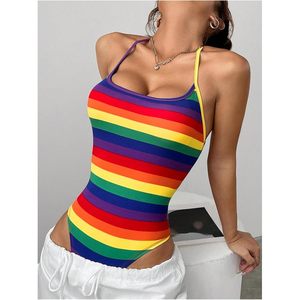 Body de mujer con rayas arcoíris, estilo halter, sin mangas, sin espalda, elástico, top Pride - Product Image 4
