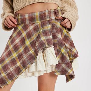 กระโปรงลายสก็อตแบบวินเทจปี 2025 ดีไซน์แบบ OEM ตัดเย็บแบบอสมมาตร แต่งระบาย สำหรับแฟชั่นผู้หญิง - Product Image 2