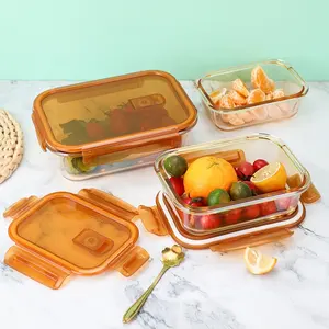 Hoge Borosilicaat Glas Voedsel Opslag Containers Set/Aangepaste Sticker Glazen Lunchbox Met Bpa Gratis Plastic Deksel