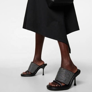 Summer Slip-on Dress Mules Outdoor Strap Slippers Women's Open Square Toe Stiletto Sandals Bling Rhinestone Thin Heels <b>Shoes</b> - Product Image 1
