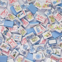 Jeu de tuiles de mahjong américain rayées bleu et blanc, motifs vintage tulipe, hortensia, vase, clé, oiseau, nœud, pour les joueurs de mahjong