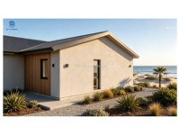 Villa de luxe préfabriquée en acier léger, style côtier contemporain, 2 chambres, 2 salles de bain, en forme de L, à un étage, vue sur l'océan, clé en main