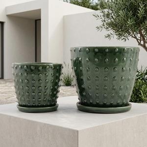 Maceta de Cerámica Esmaltada con Diseño de Abeja y Panal de Miel, Maceta Verde con Bandeja - Product Image 4
