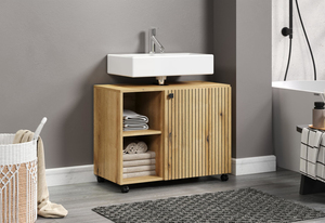 Venta al por mayor directa de fábrica: Mueble de baño bajo <span class=keywords><strong>fregadero</strong></span> con puerta de panel acanalado estilo europeo y ruedas - Product Image 3