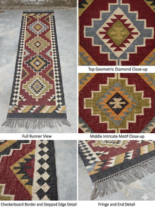 Tapis tribal du sud-ouest en laine et jute tissé à la main |   Tapis de couloir géométrique Kilim pour un style de décoration intérieure bohème et rustique - Product Image 4