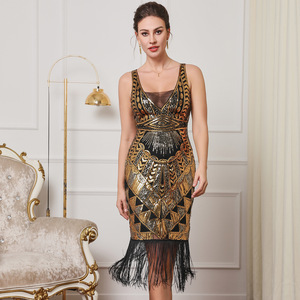 Abito da sera in cashmere con paillettes, stile anni '20 Gatsby, con nappe, spalline sottili, diamanti, elegante, a tubino, lunghezza al ginocchio, per feste di <span class=keywords><strong>Capodanno</strong></span> - Product Image 6