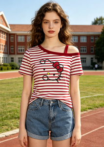 <span class=keywords><strong>T</strong></span>-<span class=keywords><strong>shirt</strong></span> rayé rouge et blanc Y2K pour femme, avec imprimé chat, coupe slim décontractée - Product Image 5