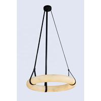 Lustre Suspendu Moderne en Laiton Antique avec Anneau en Tube d'Alabâtre Espagnol et Sangle en Cuir, Éclairage Intérieur pour Villa