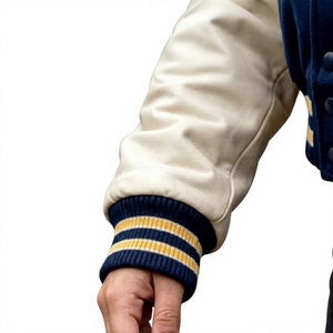Veste universitaire d'hiver réversible imperméable pour femme, en tissu de laine bleu marine avec manches en similicuir, style streetwear décontracté - Product Image 4