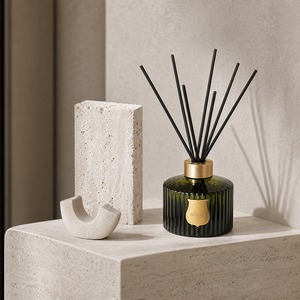 Aikun Large Capacity Ribbed Dark Green Glass Reed <b>Diffuser</b> <b>with</b> Black Fiber <b>Sticks</b> Gold Collar Gift Box for Office Reception - Product Image 3