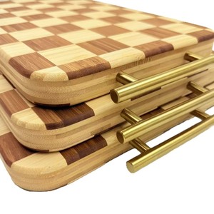 Juego de tablas de cortar de bambú con diseño de tablero de ajedrez, 3 piezas, rectangulares, con mango de latón para uso doméstico. - Product Image 1