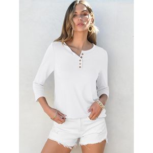 Camisa Henley de Manga 3/4 para Mujer, Blusa con Botones, Túnica Informal Básica, Popelina de Algodón Blanca, Uso Diario - Product Image 2