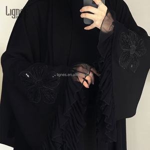 Abaya Negra Abierta con Turbante para Ramadán 2026, Abaya Musulmana <span class=keywords><strong>de</strong></span> Lujo <span class=keywords><strong>de</strong></span> Dubái, Abaya Negra con Cuentas para Mujer con Conjunto <span class=keywords><strong>de</strong></span> Hiyab - Product Image 3