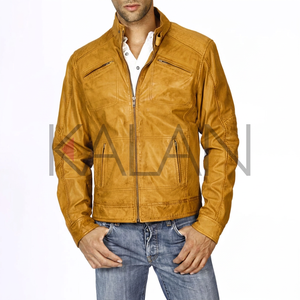 High Quality Light Brown Waxed Sheep Skin Leather Jacket for Men KLJM2 Washed Style 100% Cotton Canvas <b>Stand</b> Collar Four Front - Product Image 3