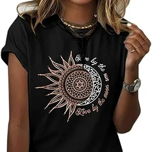 2023 meist verkaufte T-Shirt Anpassung Frauen Grafik T-Shirts Sommer Vintage Kurzarm Baumwolle Mond und Sonne gedruckt T-Shirts Tops