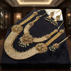 Collares combinados chapados en acabado mate estilo antiguo, Conjunto de joyería nupcial largo, Conjunto de joyería tradicional india de estilo antiguo, Joyería con diseños de templos. - Product Image 4