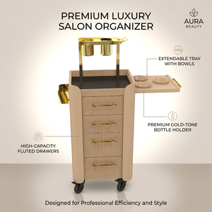 Chariot de Salon de Luxe Moderne en MDF Crème avec Tiroirs Cannelés, Support pour Sèche-Cheveux et Plateau Extensible pour Station de Coiffure et Esthétique - Product Image 1