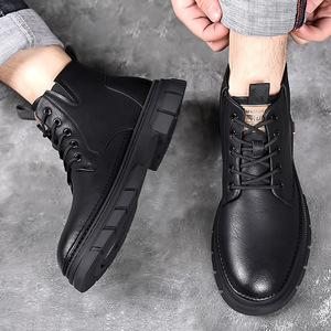 Martin Boots Men <b>Ankle</b> High Genuine Leather Round Toe Warm Plush Lining Rubber Outsole Winter Snow Boots Anti Slip Soft Sole - Product Image 3